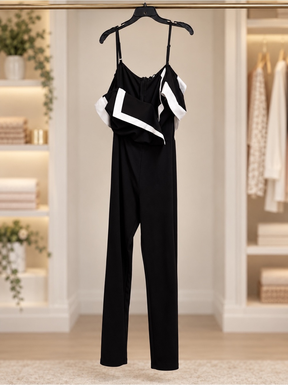 Fashion Nova Black Jumpsuit with White Ruffle Trim
